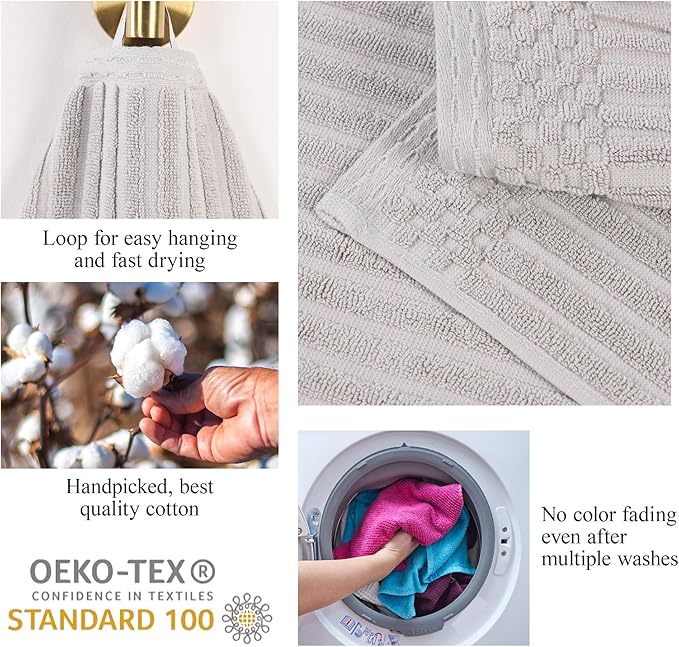 Superior 4 Piece Cotton Bath Towel Set, Includes 4 Bath Towels, Daily Use for Bathroom, Guest Bath, Quick Dry, Spa, Resort Towels, Ribbed, Absorbent, Home Essentials, Soho Collection, Silver