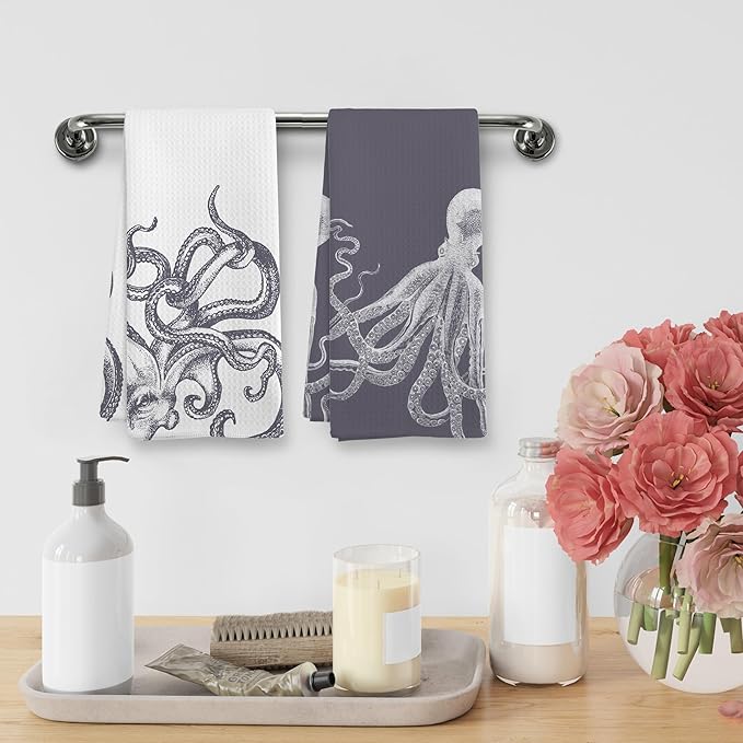 Coastal Grey Octopus Beach Decor Dish Hand Tea Towels for Bathroom Kitchen, Girly Octopus Ocean Nautical Beachy Bathroom Decor, Coastal Kitchen Towels and Dishcloths Sets of 2, 16x24 Inch