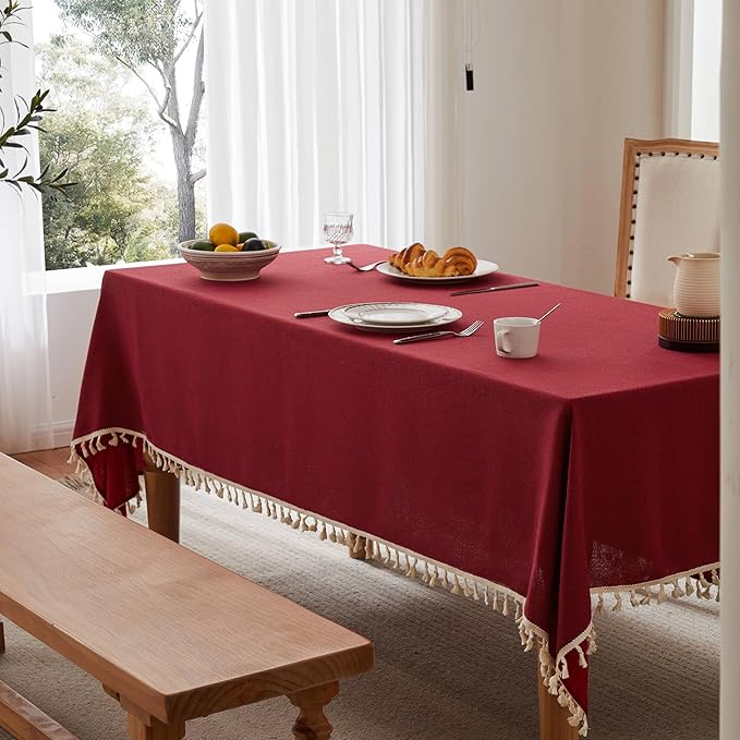 Linen Tablecloth with Tassels, Farmhouse Style Burgundy Tablecloth, Water Resistant Burlap Tablecloths for Square Table, 60x60 Inch Burgundy