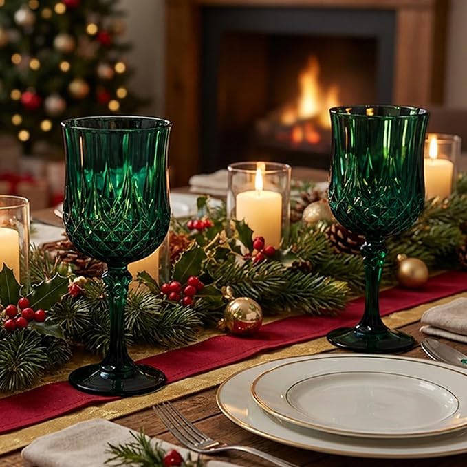 Plastic Wine Glasses，Plastic Goblets Vintage Style Cordial Drinking Glasses for Wedding Reception, Christmas Grand Event Party Supplies (48, Green)