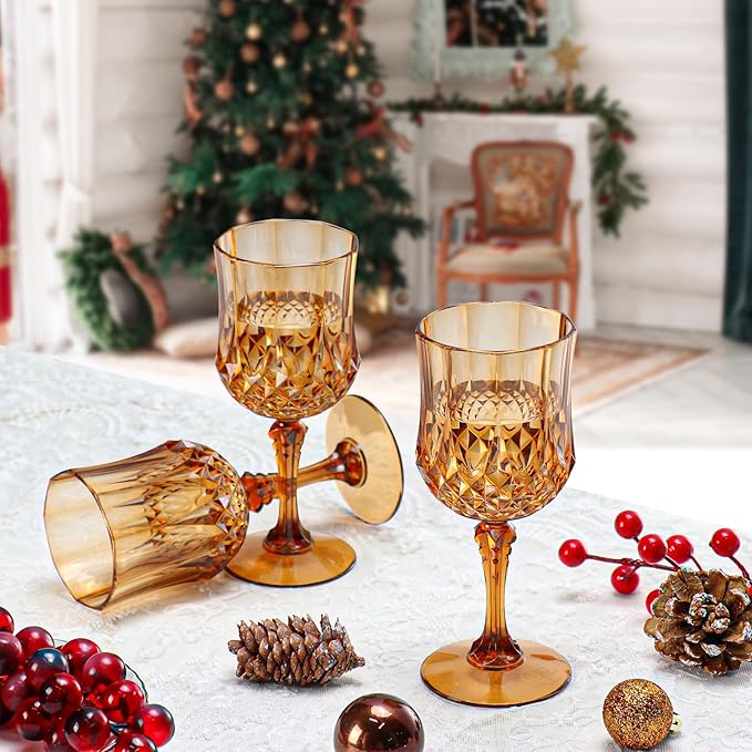 XUWAIDSGN 7oz Plastic Vintage Wine Glasses Drinking Glasses Unbreakable Wedding Glassware Crystal Water Goblets Reusable Drinkware Vintage Champagne Flutes (24, Brown)