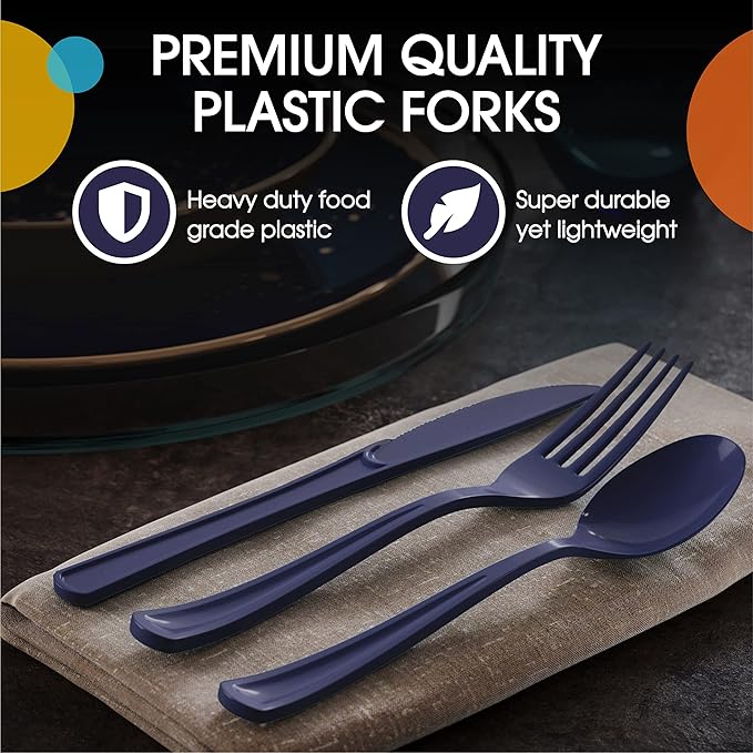 Party Solids Navy Plastic Forks 200 Pieces Navy Forks Disposable Utensils Heavy Duty Plastic Cutlery Set Disposable Cutlery Sets Flatware Sets Silverware Set Party Supplies & Party Tableware