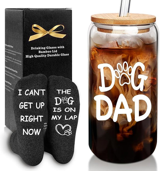 Dog Dad Gifts, Father's Day Gifts for Dog Lovers, 18OZ Daddy Cute Iced Coffee Glass Cup and Socks Present Set for Men, Dogs Lover Present for Men, Best Puppy Dad Coffee Mug