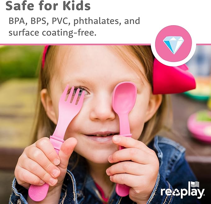 Re-Play Toddler Forks and Spoons Set - 6x6 Utensils Set for Kids - Dishwasher and Microwave Safe - Made in USA - Set of 12-5.8" x 1.2" x 0.2" - Meadow