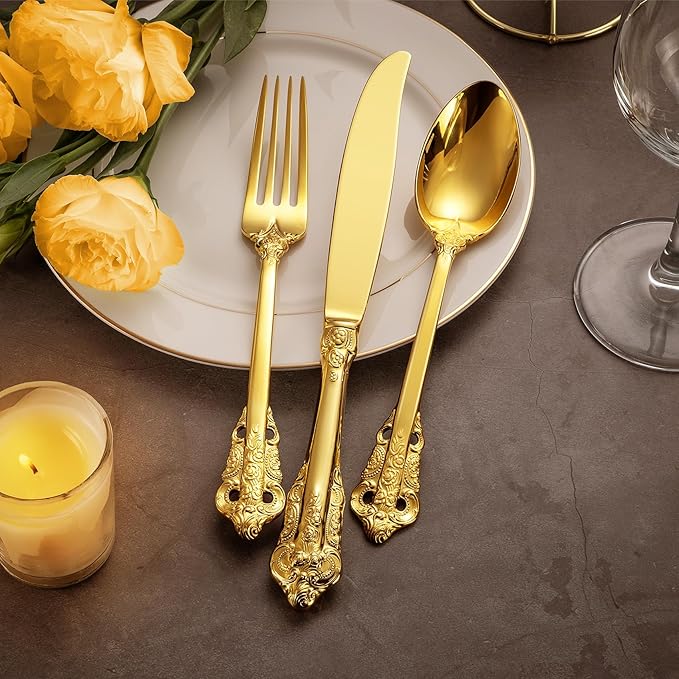 KEAWELL Luxury Dinner Fork, Set of 4, 18/10 Stainless Steel, 8 Inches, Dishwasher Safe, Mirror Polished, Silverware Fork Set (Gold)