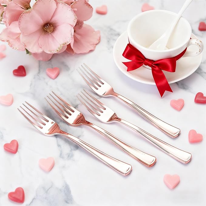 Liacere 200 Pack Rose Gold Forks Disposable - 7.4 inch Heavy Duty Plastic Forks - Heavyweight Plastic Fork - Rose Gold Silverware for Catering, Parties, Dinners, Wedding＆Mother's Day＆Valentine's Day