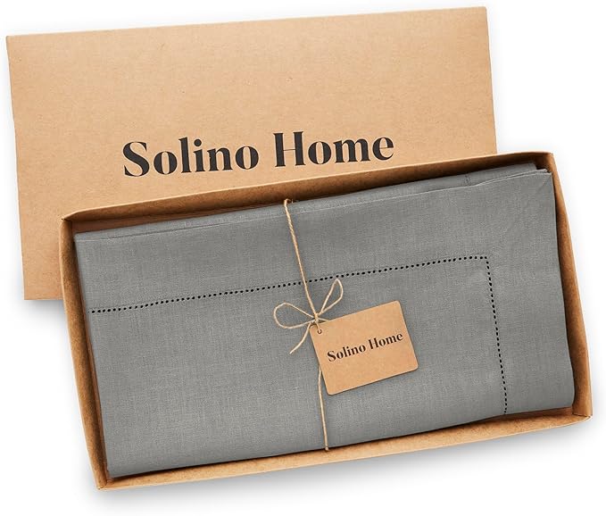 Solino Home Linen Grey Tablecloth 70 x 70 Inch - Sonoma Hemstitch, 100% Pure Linen Square Tablecloth - Machine Washable Table Cloth