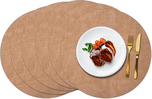 Maxpearl Round Placemats Set of 6, 13.8 inch Faux Leather Heat Resistant Table Mats, Non Slip Waterproof Wipeable Place Mats for Kitchen Dining Holiday Party Table Settings, Brown