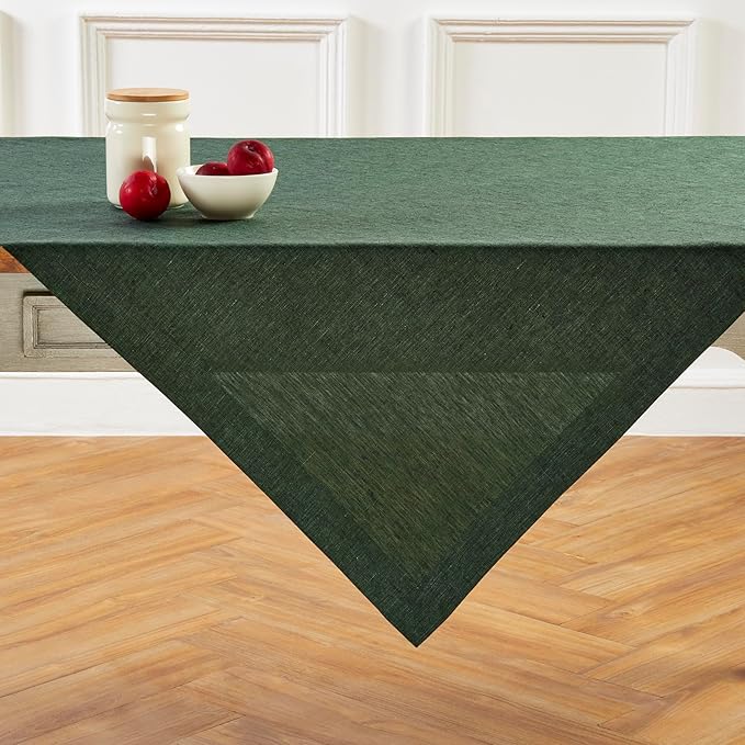 Solino Home Linen Cloth Tablecloth 52 x 52 Inch - 100% Pure Linen Forest Green Square Tablecloth - Athena, Machine Washable Table Throw for Winter, Christmas, New Year