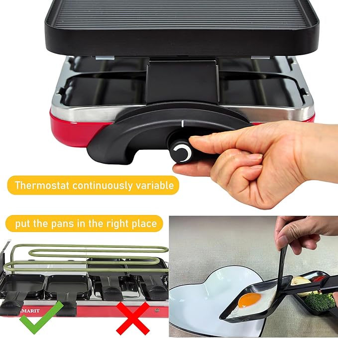 TAMARIT Classic 8 Person Raclette Grill 1500W Electric Tabletop Griddle with Reversible Plate, 8 Non-Stick Cheese Trays and Spatulas Indoor Portable Korean BBQ Barbecue Party Grill Red