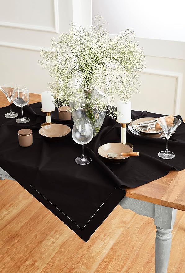Solino Home Linen Black Tablecloth 52 x 52 Inch - Cotton Linen Hemstitch Square Tablecloth - Machine Washable Table Throw for Winter, Holiday, New Year
