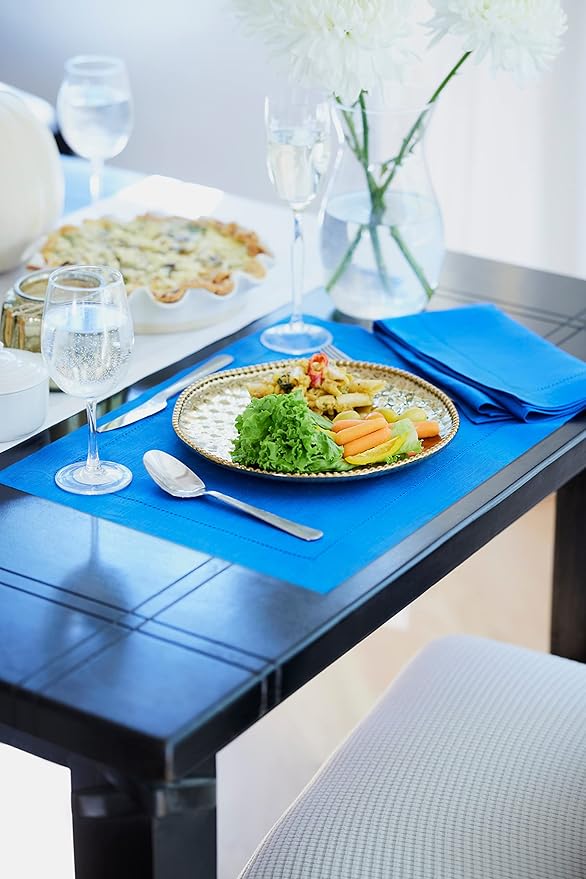 Solino Home Linen Placemats Set of 4 - Classic Hemstitch Royal Blue Placemats 14 x 19 Inch - 100% Pure Linen Table Mats for Holiday, Winter, New Year