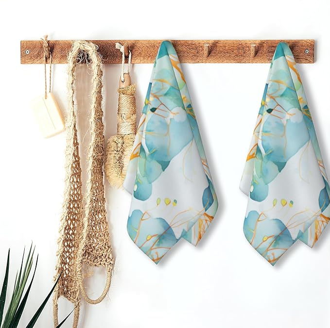 2 Pack Hand Bath Towel,Teal Eucalyptus Leaves Decorative Bath Towel Set,Fingertip Towel Bathroom Kitchen Highly Absorbent SPA Gym Towels 14x28 Inch