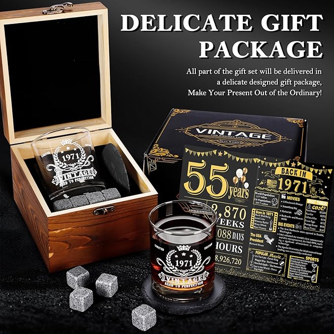 YeohJoy 55th Birthday Gifts for Men,Vintage 1971 Whiskey Glass Set,Wood Box &1971 Poster Anniversary Card & Whiskey Stones & Coaster,Bday Gifts Ideas for Him, Dad, Husband