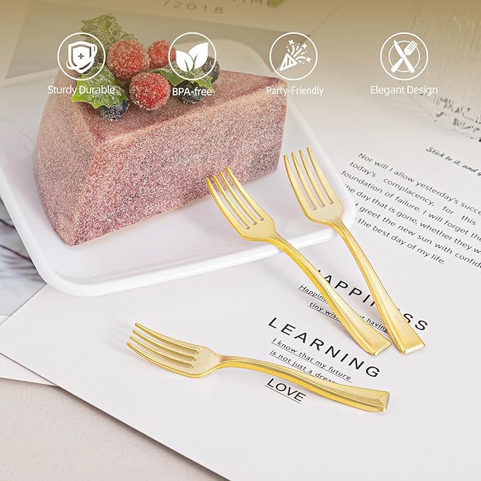 N9R 300PCS Gold Plastic Mini Forks, 4 Inches – Heavy Duty Disposable Cocktail, Dessert & Appetizer Forks, Elegant Party Serving Utensils for Tastings, Finger Foods, Weddings, Events