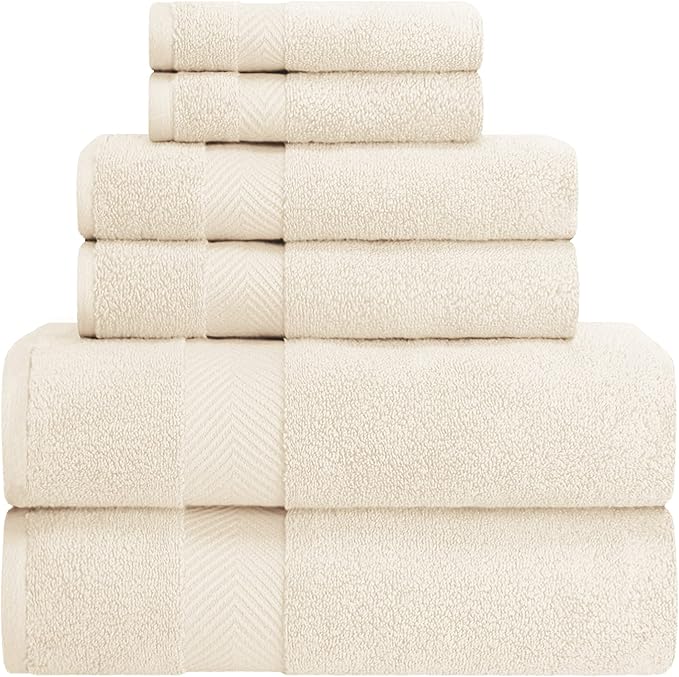 Superior Zero Twist 100% Cotton Bathroom Towels, Super Soft, Fluffy, and Absorbent, Premium Quality 6 Piece Towel Set with 2 Washcloths, 2 Hand Towels, and 2 Bath Towels, Ivory