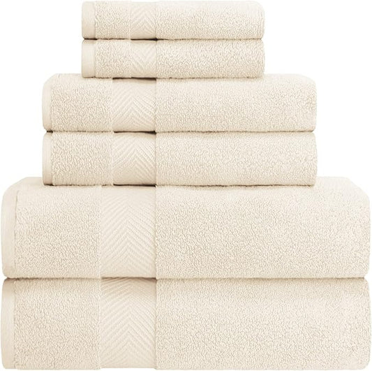 Superior Zero Twist 100% Cotton Bathroom Towels, Super Soft, Fluffy, and Absorbent, Premium Quality 6 Piece Towel Set with 2 Washcloths, 2 Hand Towels, and 2 Bath Towels, Ivory