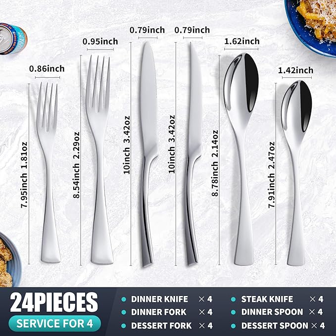 24 Pieces Silverware Set with Steak Knives Service for 4,Modern 18/10 Stainless Steel Flatware Cutlery Set,Utensil Set for Home Restaurant Hotel,Mirror Polished,Dishwasher Safe