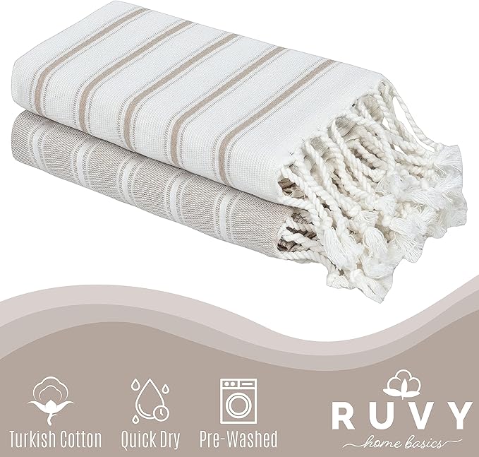 Ruvy Home Basics Turkish Hand Towels for Bathroom Set of 2 | 18"x40", Cotton | Decorative Towel for Bathroom, Kitchen, Dishcloth, Tea, Yoga, Face, Gym - Beige