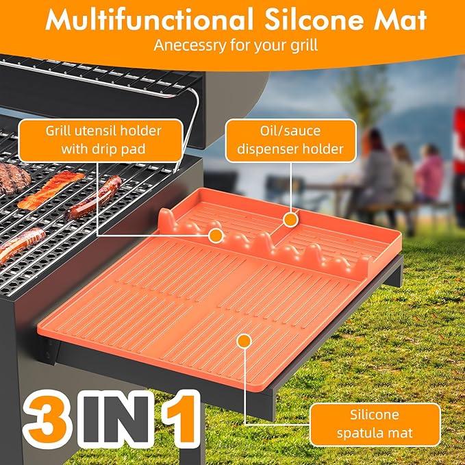 Silicone Griddle Tool Mat Compatible with Blackstone Weber - Flat Top Grill Pellet Smoker Side Shelf Spatula Mat with Drip Pad - Thanksgiving Christmas Gifts for Men BBQ Grilling Accessories (Orange)
