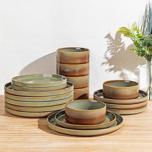 TheTerra Ceramic Dinnerware Sets for 6, 18 Pieces Porcelain Lightweight Plates and Bowls Sets, Scratch Resistant Dish Set, Oven & Microwave & Dishwasher Safe, Sage Umber