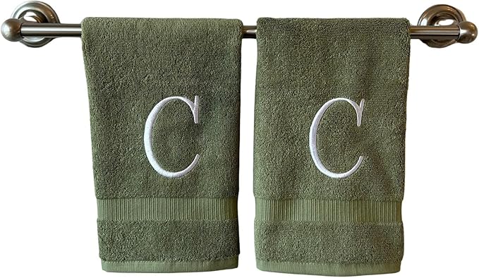 Sage Initial Hand Towel for Bathroom - Monogrammed Luxury Hotel Quality Decorative Embroidered Towel for Powder Room, Spa - GOTS Organic Certified - Set of 2 Letter C
