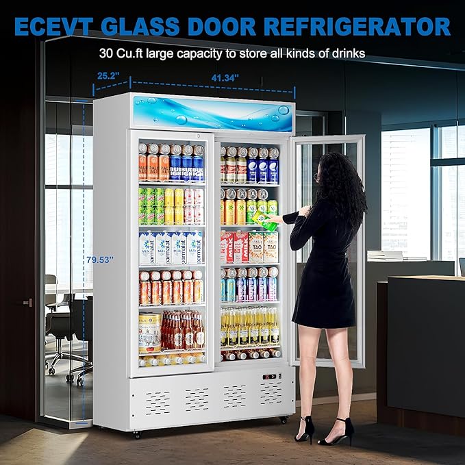 30 Cu.ft Commercial Beverage Refrigerators Glass Door Refrigerator Commercial with LED Light and 10 Shelves, Display Refrigerator for Restaurant Store Cafe Bar, White