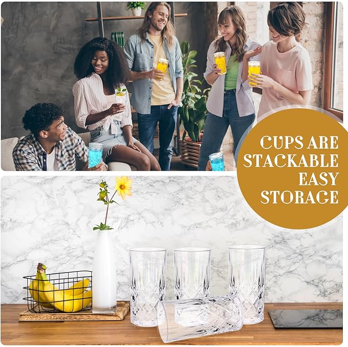 Uiifan Set of 12 Tall Highball Glasses 12 oz Crystal Drinking Glasses Clear Fancy Cups Vintage Textured Designer Glassware for Cocktail Tea Water Beer Soda Beverages, Dishwasher Safe (Classic Style)