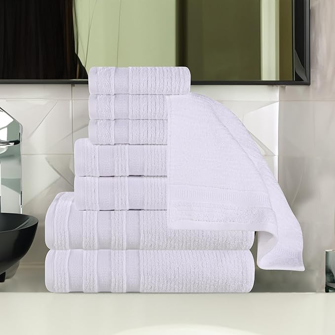 Superior Cotton 8-Piece Towel Set, Zero Twist, Ribbed Geometric, Bathroom Essentials, Shower, Spa, Luxury Plush Soft Absorbent Towels, Includes 2 Bath, 2 Hand, 4 Washcloth/Face Towels, White