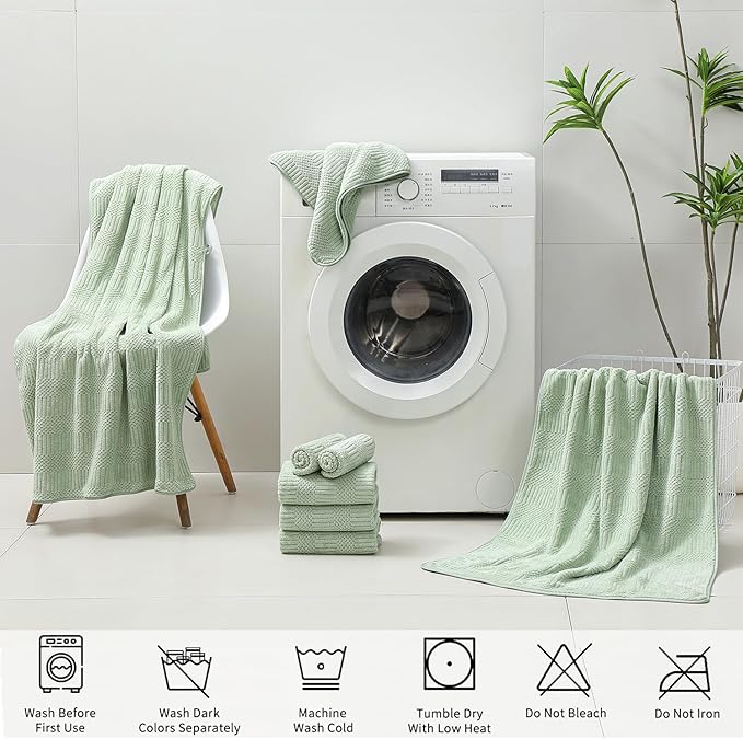 18 Pcs Green Woven Family Towels Set-6 Bath Sheets,6 Hand Towels,6 Washcloths Soft Polyester Towels Absorbent Shower Towel Quick Dry Beach Chair Towel Lint Less Towels Set for Bathroom Spa Gym Hotel