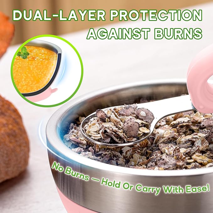 Suction Bowl and Spoon Set for Babies and Toddlers Non-Slip Silicone Suction Cups, Advanced 304 Stainless Steel Bowls, Double-Layer Insulation, and BPA-Free Lids Food-Grade Safety PINK