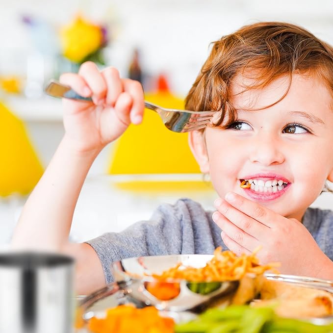 Ahimsa Stainless Steel Kids Utensils - 8 Pieces Kids Fork and Spoon Set, Pediatrician Designed Toddler Silverware Set, 100% BPA Free & Dishwasher Safe (Classic)