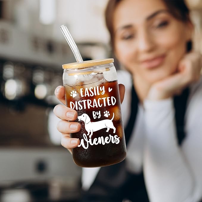 SteadStyle Christmas Dachshund Gifts for Women, Dog Lovers - Glass Drink Cup with Bamboo Lid & Straw (16oz), Birthday Mothers Day Gift For Dackel Owners & Puppy Lovers, Weiner Dog Gifts for Women Mom