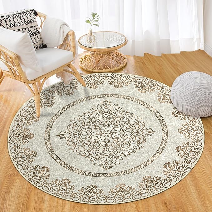 Easy-Going Round Area Rug 3ft Washable Boho Neutral Small Circle Rugs for Living Room Non-Slip Bedroom Rug Low Pile Lightweight Floral Brown Print Vintage Throw Rug for Dining Room Kitchen Office