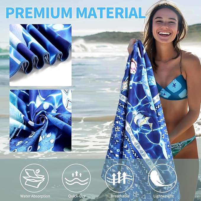 2 Pack Microfiber Beach Towel, Blue and Blue Oversized Pool Towel 75”x 35”, Sand-Free Quick Drying Camping Super Absorbent Bath Blanket, Soft Breathable and Lightweight