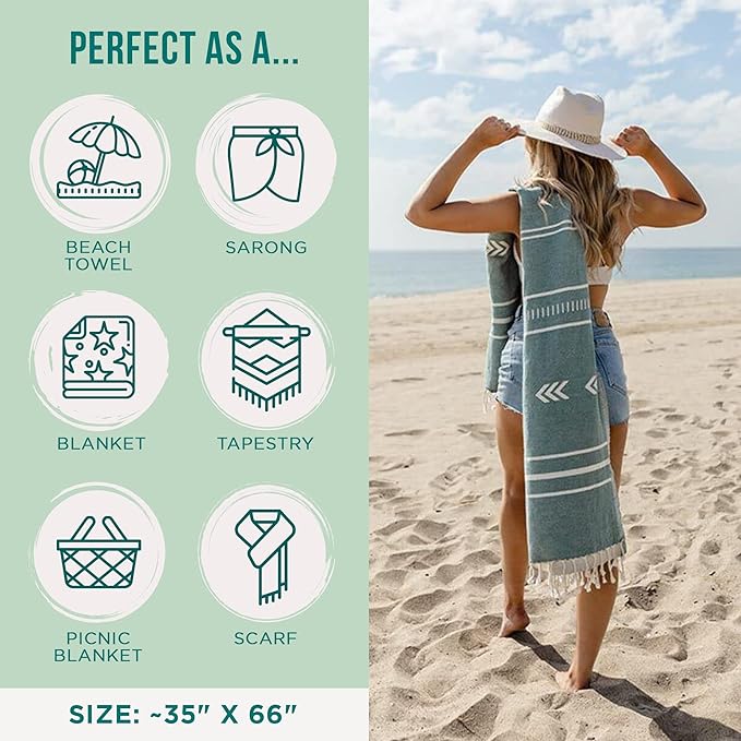 Sand Cloud Turkish Beach Towel - Sand Free - 100% Organic Turkish Cotton Yarn - Quick Dry Towel for Beach, Picnic Blanket or Throw - As Seen on Shark Tank - Santa Fe (Green)