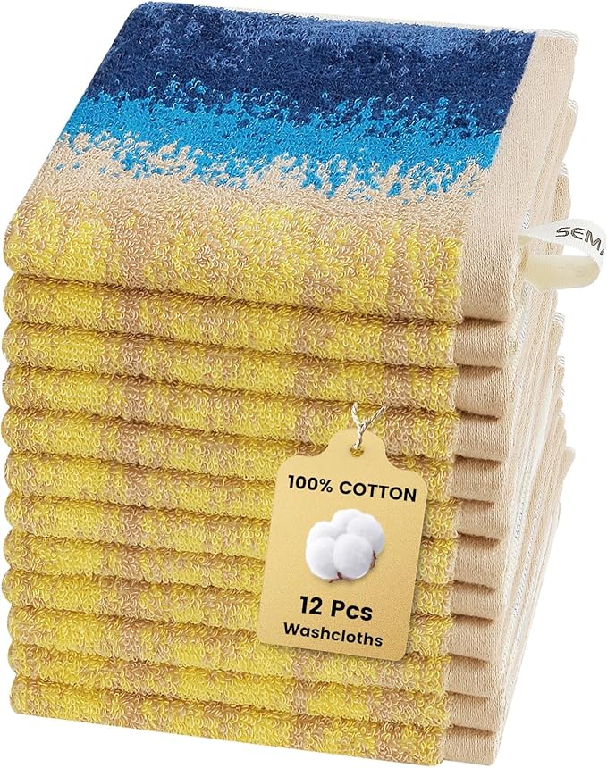 SEMAXE 100% Cotton Washcloths 12-Pack, 13 × 13 Inch Soft Luxury Face Towels – Super Absorbent & Quick-Dry, Premium Cloth with Hanging Loop, Oeko-TEX Certified, Gift-Ready Box