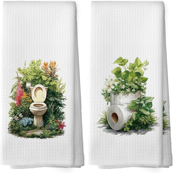 Botanical Bathroom Towels Set of 2, Floral Bathroom Cottagecore Hand Towel, Flower Toilet Paper Roll Shower Room Washroom Rest Room Decorative Tea Towel Dish Towels 16x24 Inch