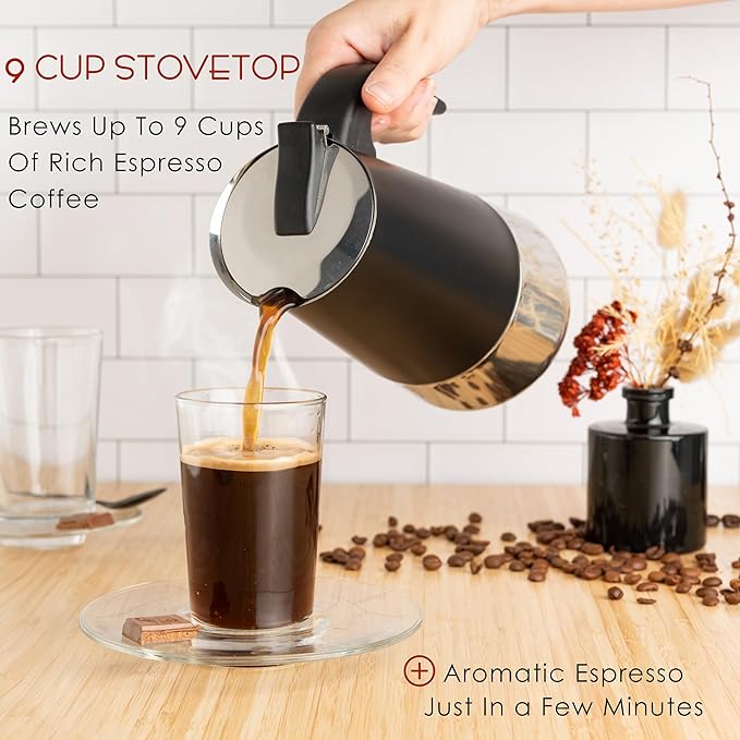 Mixpresso Black 9 Cup Greca Stovetop Espresso Pot 450ml/15oz, Moka Pot with Coffee Percolator Design, Stainless Steel Stove Top Coffee Maker for Camping or Home Use,Italian Stovetop Espresso Maker
