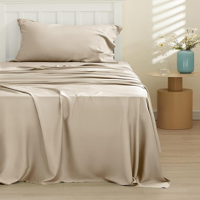 Bedsure Cooling Sheets Twin, Rayon Derived from Bamboo, Cooling Sheets, Breathable & Soft, Deep Pocket Up to 16 Inches, Hotel Luxury Silky Bedding for Hot Sleepers, Beige