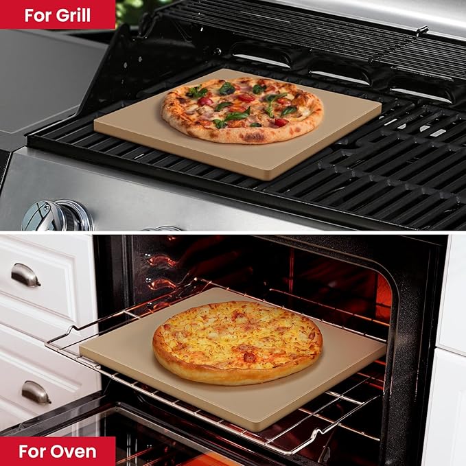 Unicook Pizza Stone 15 Inch, Premium Baking Stone for Oven Grill, Square Cordierite Bread Pizza Pan, Thermal Shock Resistant, Includes Scraper