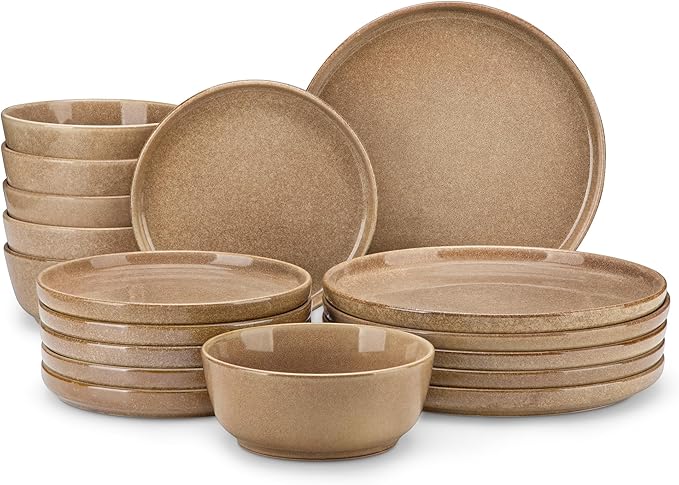 vancasso ANYA 18 Pieces Plates and Bowls Set, Caramel Dinnerware Sets, Reactive Glaze Dishes Set for 6, Ceramic Dishware Sets Kitchen Dinner Set, Microwave & Dishwasher Safe