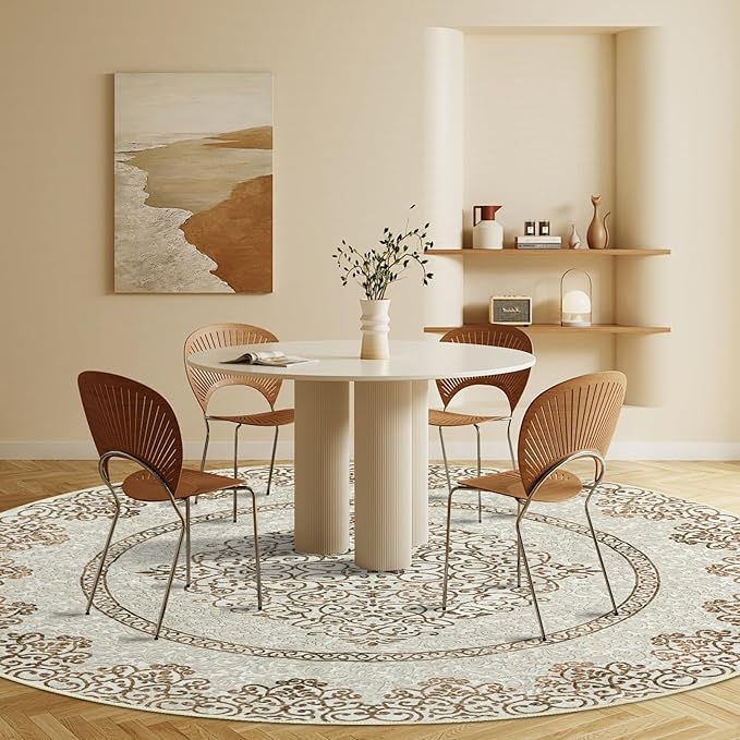 Easy-Going Round Rug 6ft Area Rug Washable Boho Neutral Circle Rugs for Living Room Non-Slip Bedroom Rug Low Pile Lightweight Floral Brown Print Vintage Throw Rug for Dining Room Kitchen Home Office