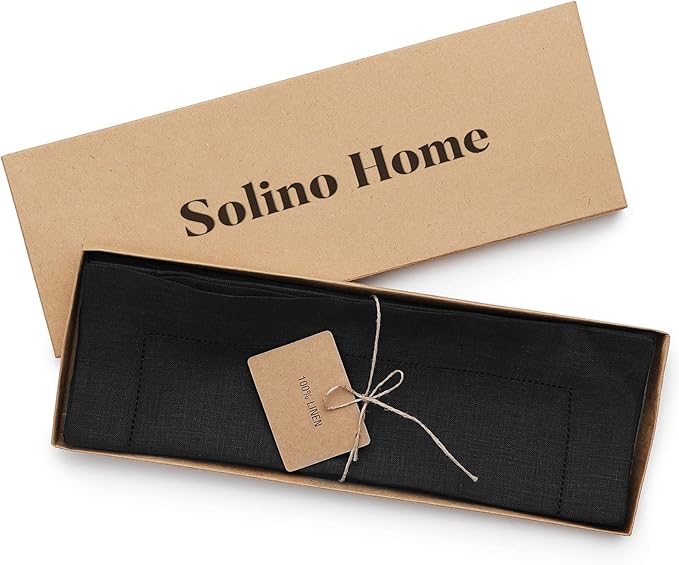 Solino Home Linen Square Placemats Set of 4-100% Pure Linen Black Cloth Placemats 14 x 14 Inch - Classic Hemstitch, Machine Washable Place Mats for Winter, New Year