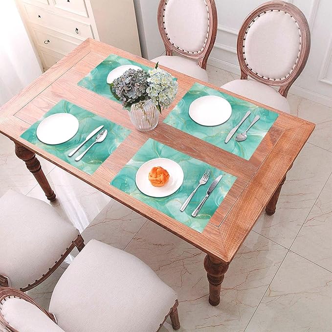 Teal Gold Marble Placemats Set of 4, Linen 12"x18" Green Turquoise Place Table Mat Washable Heat Resistant for Kitchen Dining Holiday Party Modern Home Decor