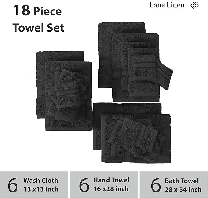 LANE LINEN Luxury Bath Towels Set- 100% Cotton Bathroom Towels, Zero Twist, Quick Dry Shower Towel, Extra Aborbent Super Soft, 6 Bath Towel, 6 Hand Towels, 6 Wash Cloths - Black (18 PC)