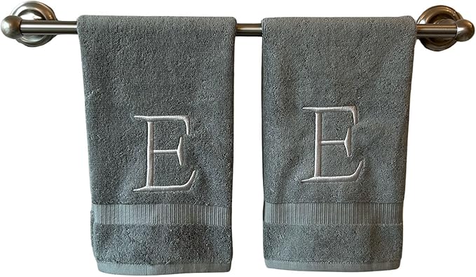 Gray Initial Hand Towel for Bathroom - Monogrammed Luxury Hotel Quality Decorative Embroidered Towel for Powder Room, Spa - GOTS Organic Certified - Set of 2 Silver Letter E