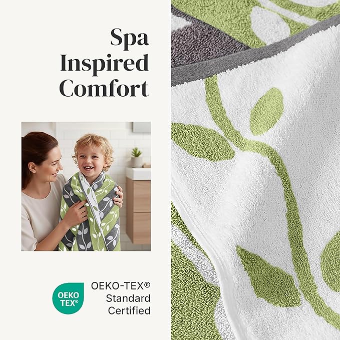 Modern Threads Organic Vines 6-Piece 100% Cotton Towel Set – Yarn Dyed Jacquard & Solid – Includes 2 Bath Towels, 2 Hand Towels, 2 Washcloths – Absorbent, Quick Dry, Soft & Durable – Gray