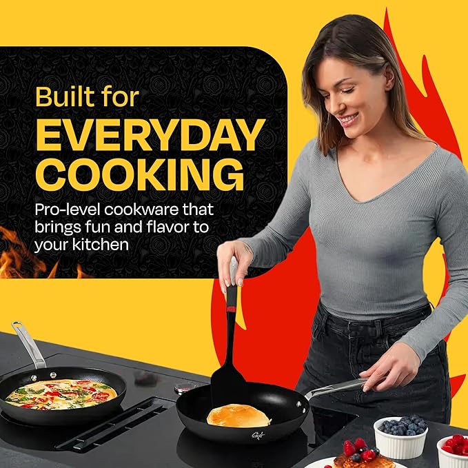Guy Fieri's Flavortown 2-Piece Ceramic Cookware Set, Nonstick Frying Pan Set 10" and 12", Easy-Clean Kitchen Cookware, Made without PFAS PTFE PFOA, Induction Compatible, Oven & Dishwasher Safe, Black