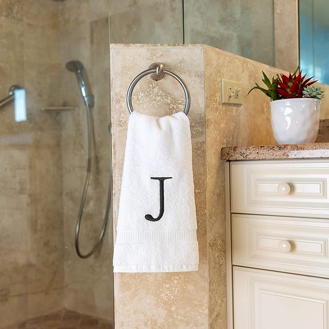 Dark Gray Letter Hand Towel for Bathroom - Monogrammed Initial Hotel Quality Decorative Embroidered Towel for Powder Room, Spa - GOTS Organic Certified - Set of 2 Letter J